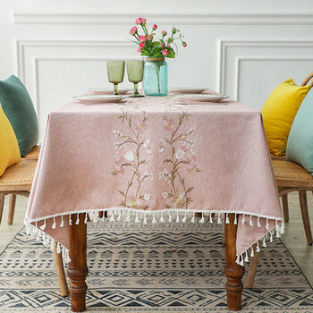 Xinjinngle tablecloth is light luxury and high-end, modern and simple nordic rectangular cotton and linen embroidered fabric coffee table tablecloth and dining table embroidery, first bloom-pink 135*135cm, suitable for square or round tables around 80cm