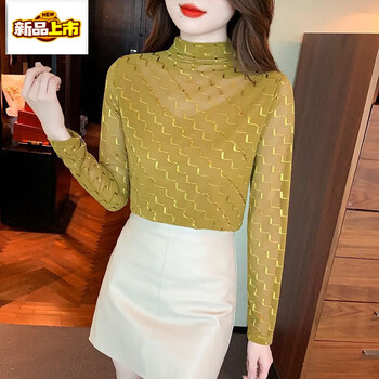 Chujing lace bottoming shirt for women with long sleeves and autumn and winter velvet, feminine top, fashionable half turtleneck, versatile and temperamental shirt, rich gold, no velvet, regular 2xl, recommended 120-130 pounds