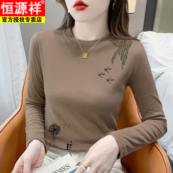 Hengyuan xiangde velvet warm bottoming shirt for women in spring and autumn, thickened solid color long-sleeved t-shirt, slim fit, round neck brushed top, khaki m, recommended 80-95 catties