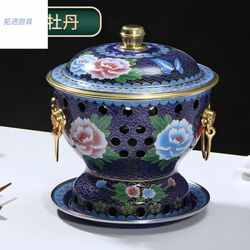 Tuojin german imported quality cloisonné copper hot pot thickened pure copper alcohol copper pot single fuel stove small hot pot for one person blue peony stainless steel liner 1 inch