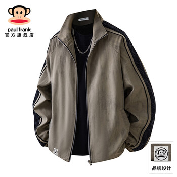 Big mouth monkey (paul frank) american striped jacket men's autumn and winter new fashion brand loose plus velvet thickened casual all-match tie-dye warm jacket khaki official authentic xl recommended 135-155 pounds