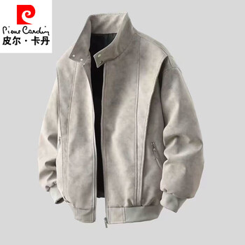 Pierre cardin 2025 jacket for men and women spring and autumn american retro baseball collar casual loose maillard washed leather hong kong style light gray m 90-catties