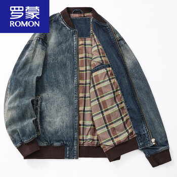 Romon baseball collar denim jacket men's autumn loose retro work jacket men's casual handsome top retro blue m suitable for 110-130 pounds