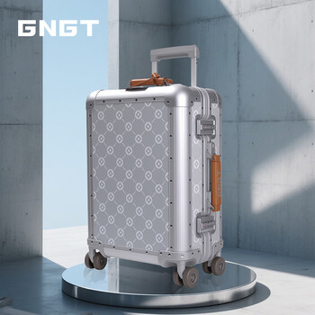 Gngt aluminum-magnesium alloy suitcase trolley case, retro light luxury suitcase, 20-inch password box, copper coin customs lock, boarding case, silver gray with beige, 20 inches