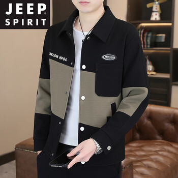 Jeep spirit color block jacket men's 2026 spring and autumn thin lapel korean style trendy casual handsome spring short windbreaker jacket black xl