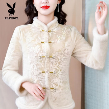 Playboy (playboy) outerwear bottoming shirt plus velvet t-shirt fashionable national style warm top 2025 winter new slim fit shirt champagne xl recommended 90-105 catties