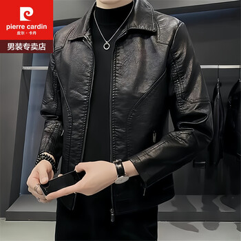 Pierre cardin spring and autumn new leather jacket genuine haining leather jacket men's spring and autumn business casual jacket plus velvet lapel large size black xl 180 (wear 135-150 catties)