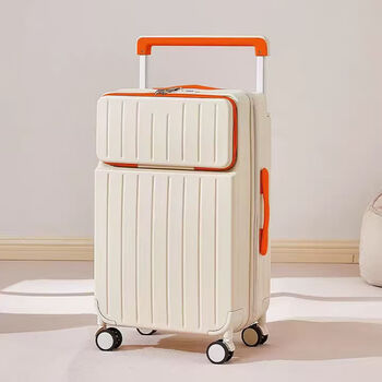 Flying ring suitcase 20-inch boarding suitcase new front-opening suitcase female student high-looking trolley case lightweight suitcase white with orange front opening + multi-function 22 inches