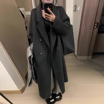 Garnuo hepburn style black and gray double-sided wool coat for women petite autumn and winter korean style high-end mid-length woolen coat dark gray s 85-110 catties