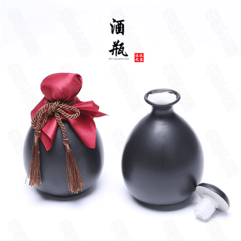 Tuojin jingdezhen ceramic antique matte wine bottle, handmade wine bottle, earthenware white wine jar gift, ceramic black one-pound wine bottle + cloth rope film
