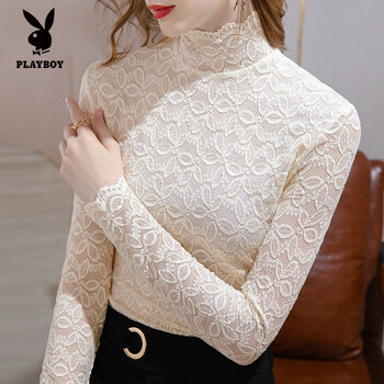 Playboy (playboy) lace velvet bottoming top women's long sleeve 2026 spring, autumn and winter new slim, versatile, western style high collar bottoming top for women, apricot s 80-95 jin