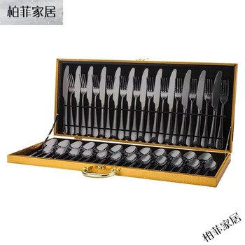 Kawasimaya cross-border 304 stainless steel knife, fork and spoon 48-piece set 24-piece tableware set wooden box dining room home gift black 48-piece set