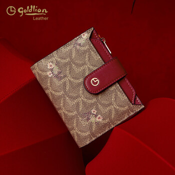 Goldlion women's bag wallet women's short new folding multi-card slot women's wallet new year's gift burgundy