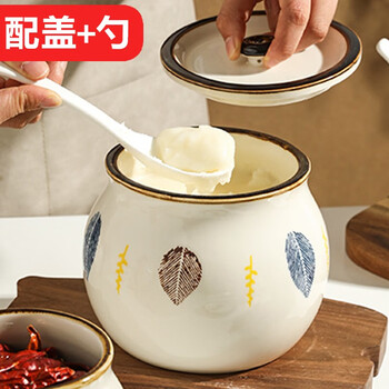 Wanjiazhen ceramic lard jar with spoon high temperature resistant oil spicy chili jar household storage seasoning jar with lid storage oil jar