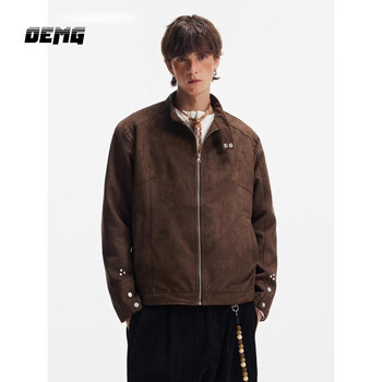 Oemg brown harrington boxy short jacket men's spring and autumn suede trendy casual tops high-end jacket brown high quality xl recommended 110-130 pounds