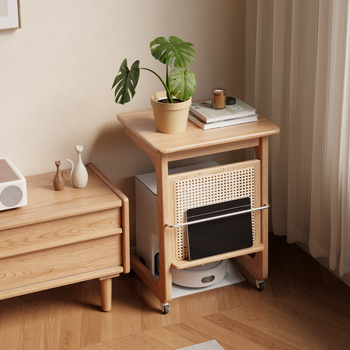 Muwuji sweeping robot storage rack movable balcony small table living room sofa side table rotating bedside table solid wood mobile table 48cm (desktop three-level adjustable)