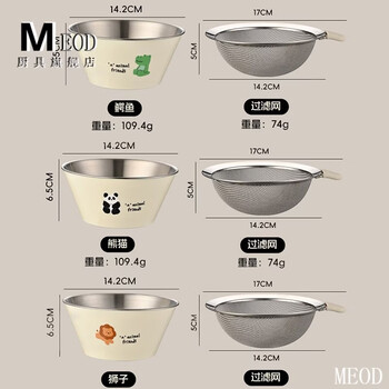 Meod german imported quality double-layered fruit draining basket 304 stainless steel mini fruit plate household filterable water bowl antibacterial 304 steel double-layered draining bowl basket - crocodile + panda + lion 7