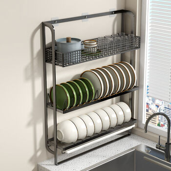 Yongfan three-layer dish storage rack dish rack dish drainer kitchen storage multi-functional dishware storage rack cupboard knife holder three-layer white wall-mounted dish rack without grid