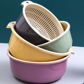 Yusenyi drain basket double-layer vegetable sink fruit and vegetable hollow basin household kitchen sink complete set of basins nordic green large + medium + small 6-piece set/set