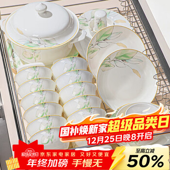 Lowe jingdezhen tableware set 2025 new high-looking bowls, plates, chopsticks and dishes set household ceramic underglaze color bowls trial set spring meaning 4 people 18 pieces no specifications