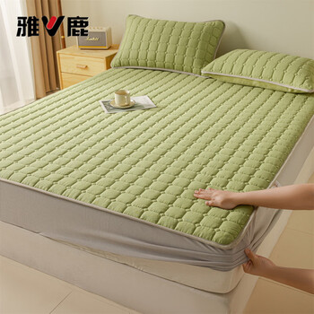 Yalu a side cotton b side milk velvet quilted bed sheet 1.8x2 meters double-sided mattress protector dormitory three-piece set avocado green cotton plus velvet double-sided 180*200cm three-piece set fitted sheet + pillowcase *2