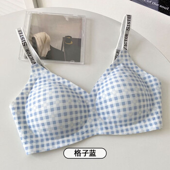 Six rabbits seamless bra women's letter shoulder straps jelly strip soft support small breast push-up comfortable thin bra plaid blue s 70ab