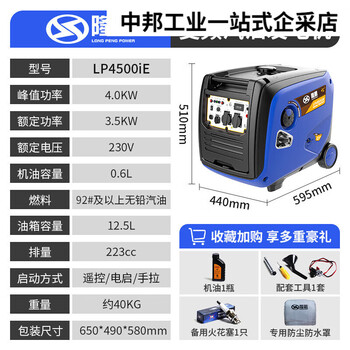 Longpeng gasoline generator 220v high power silent variable frequency household emergency 5/6kw outdoor commercial portable 4000w remote control_electric start (12.5l large fuel tank)