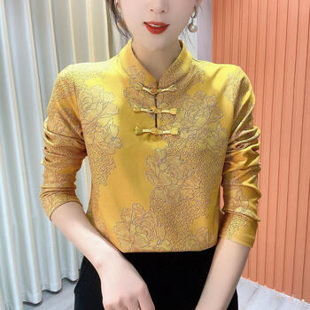 Super temperament 2025 winter new style printed stand-up collar buttoned shirt, temperament age-reducing plus velvet bottoming top for women, yellow 3xl, recommended 125-140 pounds