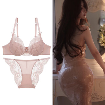 Victoria palace lace underwear with push-up straps and embellished luster style sexy women's bra with breast-retracting thin bra set, pink 70a/32