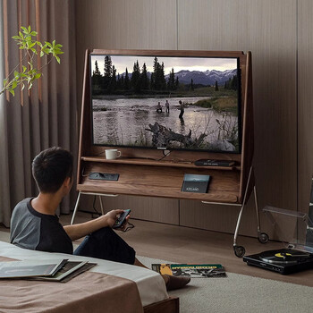 Clcey solid wood movable tv cabinet living room household small apartment modern simple floor storage storage tv bracket suitable for 60-75 inch tv - walnut color (bull socket)