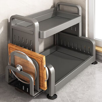 Wing fantasy 304 stainless steel kitchen condiment storage rack chopsticks and knife holder countertop multi-functional oil and salt condiment jar storage box 2-layer 42cm full set of knife holder chopsticks barrel chopping board rack special thick gun gray style