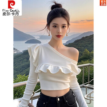Pierre cardin autumn and winter pure desire sexy hot girl angled collar ruffled long sleeve bottoming top women's design slim fit beautiful short top white s 75-95 jin