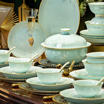 Porcelain rujing jingdezhen underglaze color shadow celadon bowl and dish set household chinese style gold edge embossed tableware complete set housewarming gift underglaze color | gold shadow celadon | 10 people | 70-piece set | leather box