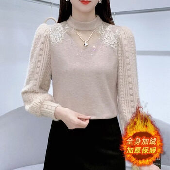 2026 new half turtle collar hot diamond stitching thickened lace bottoming shirt women's autumn and winter new long-sleeved knitted sweater brown 4xl (recommended 135-150 catties)