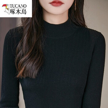 Woodpecker (tucano) non-pilling 100 pure cotton half-turtleneck sweater for women in autumn and winter, slim-fitting new sweater, tight-fitting bottoming shirt, black s