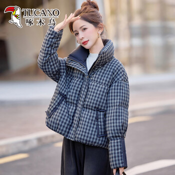 Woodpecker stand collar plaid down jacket women's 2026 new winter fashion high-end western style small women's jacket blue l recommendation 110-125 catties