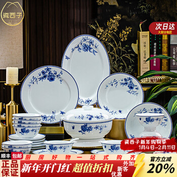 Porcelain xizi jingdezhen chinese blue and white porcelain bowl set for home use 2025 new high-value bowl set housewarming gift blue and white butterfly love flower 56 heads with soup pot 56 heads