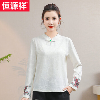 Hengyuanxiang chinese style embroidered velvet bottoming shirt for autumn and winter women's retro buttoned inner shirt chinese style long-sleeved bottoming top milky white 731-stand collar xl recommended 90-105 pounds