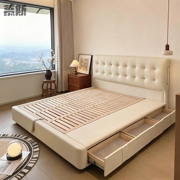 Mousse's new puff cream style leather bed, modern and simple waffle style master bedroom double bed, 1.8 meters with storage soft bags on both sides, 15cm encrypted steel and wood lattice frame, bed + negative ion coconut palm spring cushion, 2000mm*2200mm x air pressure structure