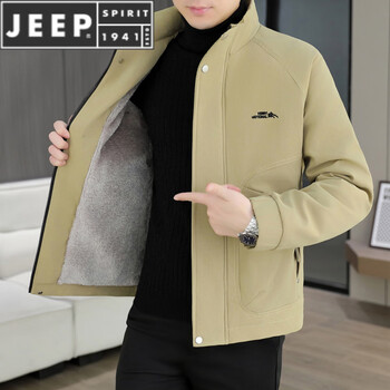 Jeep spirit two-cotton jacket men's 2025 new autumn and winter velvet thickened stand-collar jacket cotton casual cold-proof cotton-padded jacket khaki m