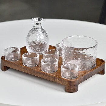 Pupan sake pot set glass rice wine warmer scalding pot household one or two white wine cups coffee hammer pattern smooth edge hammer pattern 1 pot 1 cylinder 6 cups solid wood grid plate