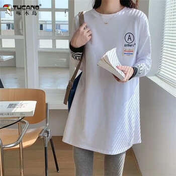 Woodpecker (tucano) double-sided german velvet inner mid-length t-shirt for women new fashion lazy style outer wear plus velvet thickened long-sleeved bottoming shirt (121) white round neck m recommended under 110 pounds