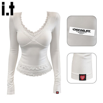 Chocoolate it women's korean pure lust lace pullover bottoming shirt for women in winter slim and fashionable long-sleeved t-shirt for women apricot s
