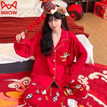 Cat man (miiow) red pajamas for women can be worn outside in winter, zodiac year of the horse, new year 2026 pure cotton home clothes for women sdm22508 god of wealth xiaoxin xs 140c16 size 133-143cm