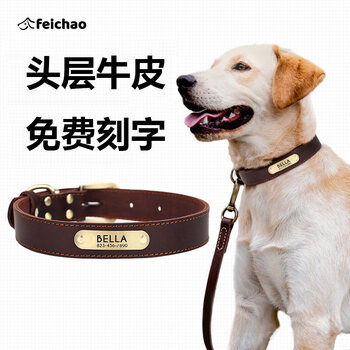 Cowhide dog collar, medium and large shiba inu horse dog genuine leather pet collar, dog collar, dog collar, engraved dog collar, emerald green + 5m retractable leash l, recommended 20-40 catties