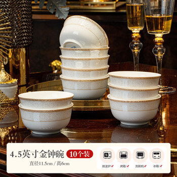 Tuojin jingdezhen quality light luxury bowl and dish set household tableware bowls and chopsticks rice bowls dish plate tall bowl promotion 4.5 inch golden bell bowl 10 pieces jingdezhen high temperature ceramics_jian