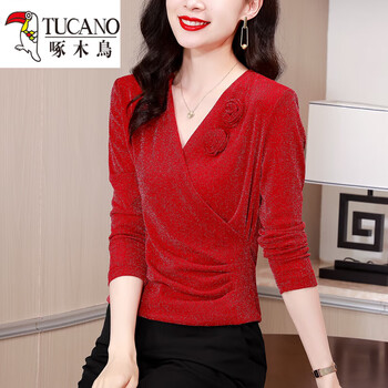 Woodpecker (tucano) women's bottoming shirt can be worn as an inner layer and can be worn as a foreign style 2025 new v-neck bottoming shirt for spring and autumn slim-fitting inner layering shirt for women red 2xl recommended 125-135 pounds
