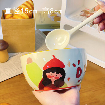 Tuojin 6-inch large bowl of soup noodle bowl for home use 2025 new high-looking and cute tableware ceramic salad bowl for children over 6 years old red riding hood girl-6-inch noodle bowl (1 bowl 1 spoon)
