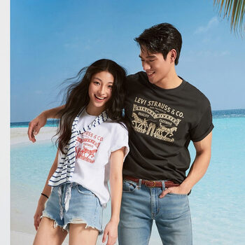Levi's spring and summer couple's same style american double horse print trendy casual loose round neck short-sleeved t-shirt white s