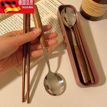 Tuojin ins style korean solid wood chopsticks and spoon set portable storage retro style solid wood three-piece set - round spoon + fork + chopsticks + same style storage box